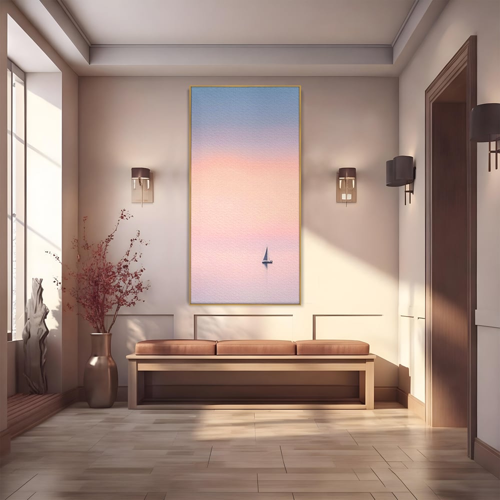 Tablou canvas cu tablou canvas cu barca cu vele pe apa, in rama de aluminiu auriu